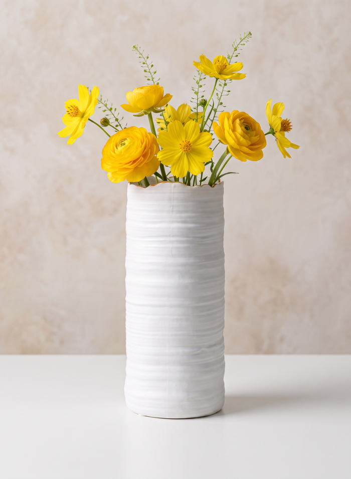 10in Tall Clay White Porcelain Cylinder with Gold Edging Decor Jamali Garden