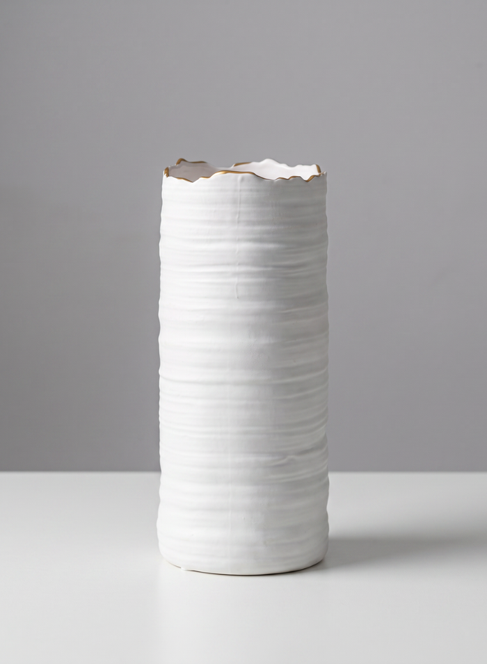 10in Tall Clay White Porcelain Cylinder with Gold Edging Decor Jamali Garden