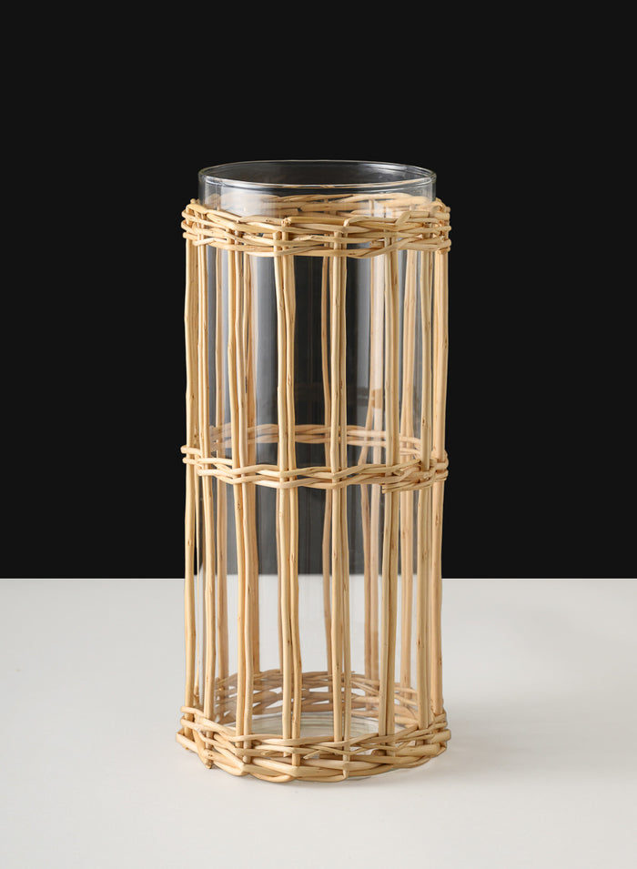 10in Tall Halong Cane Weaved Glass Cylinder Decor Jamali Garden