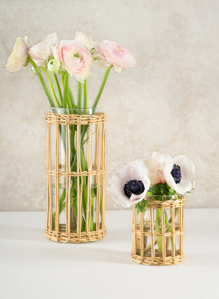 10in Tall Halong Cane Weaved Glass Cylinder Decor Jamali Garden
