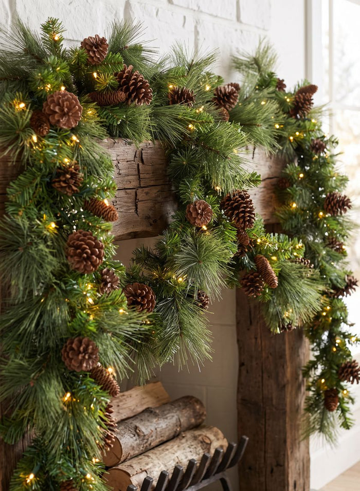 115in Long Hard Needle Garland, 35 Pinecones, 195 tips with Warm White Lights Decor Jamali Garden