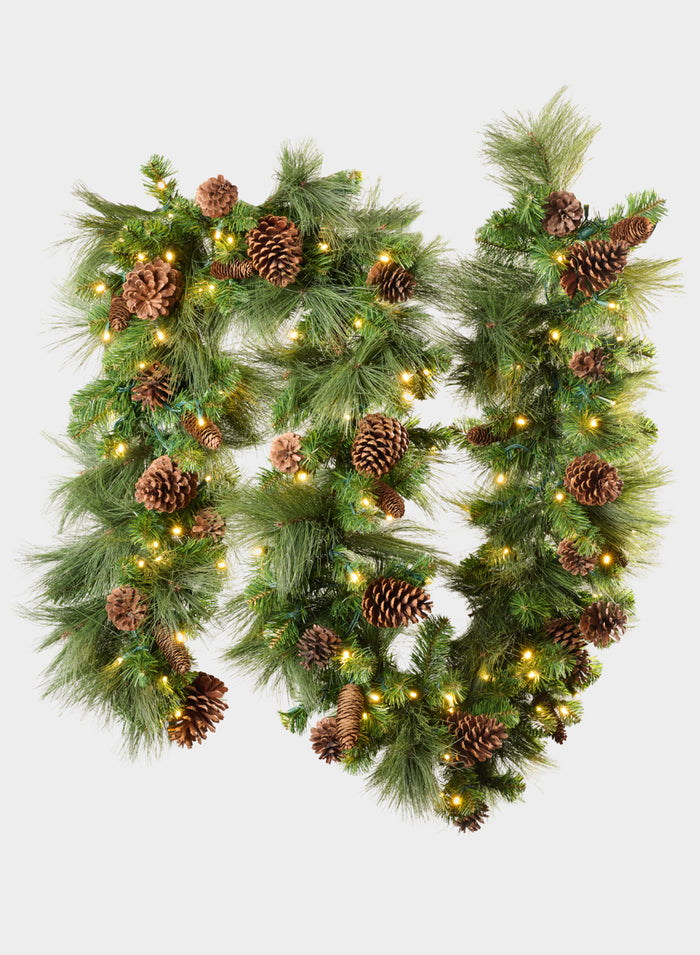 115in Long Hard Needle Garland, 35 Pinecones, 195 tips with Warm White Lights Decor Jamali Garden