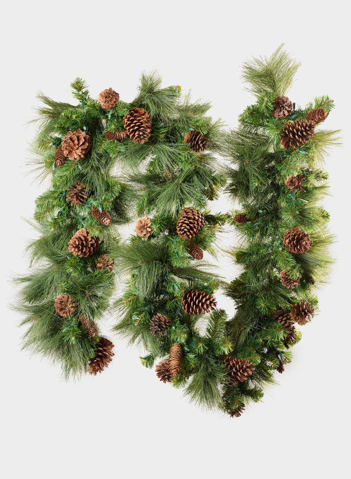 115in Long Hard Needle Garland, 35 Pinecones, 195 tips with Warm White Lights Decor Jamali Garden