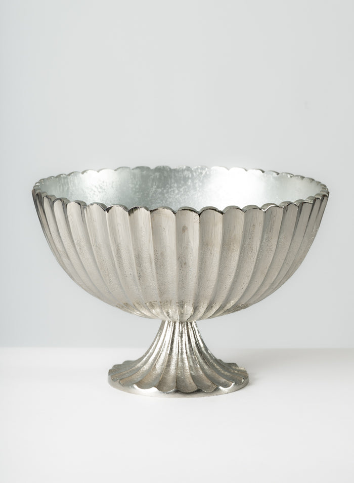 12in Wide Palermo Brushed Silver Scallop Compote Metal Bowl Decor Jamali Garden