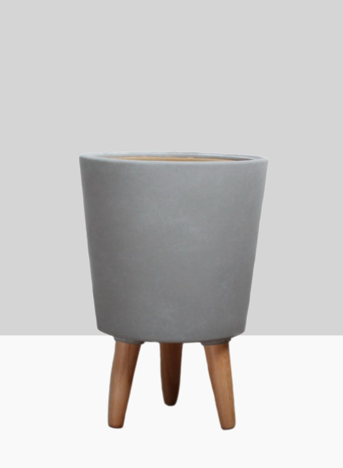 14.5in Tall Vaso Grey Ceramic Pot With Wood Legs Decor Jamali Garden