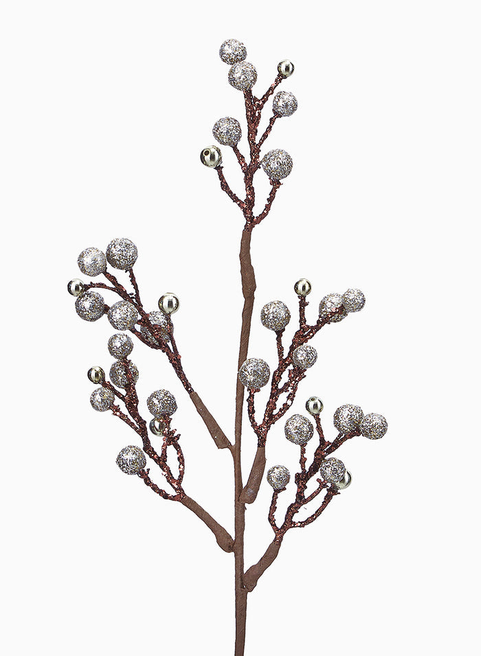 14in Long Coffee & Platinum Glitter Berry Pick, Bundle of 12 Decor Jamali Garden