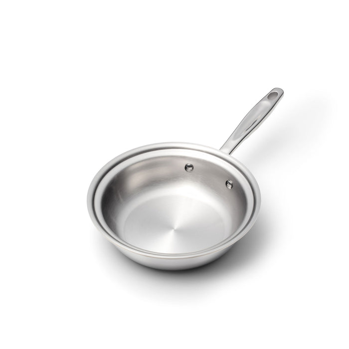 Angled view of 8-inch stainless-steel fry pan with riveted long handle showcasing brushed interior and rolled rim on white background