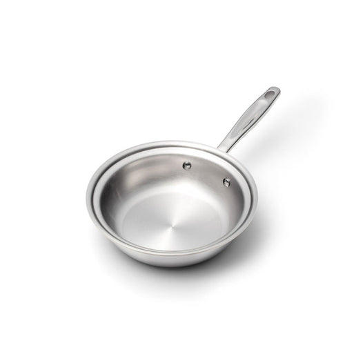 Angled view of 8-inch stainless-steel fry pan with riveted long handle showcasing brushed interior and rolled rim on white background