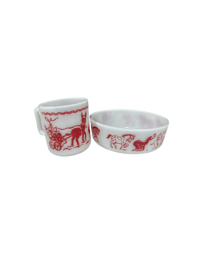 2 Piece Set Circus Milk Glass 1940s