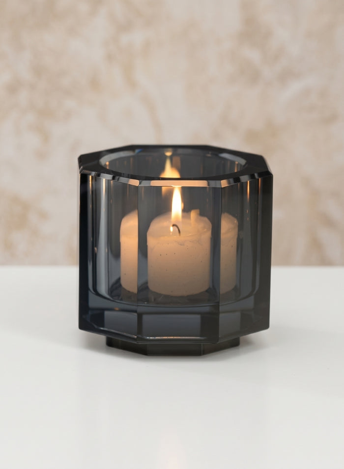 2.75in Tall Krustallos Luxe Smoke Gray Tealight Crystal Glass Holder Decor Jamali Garden