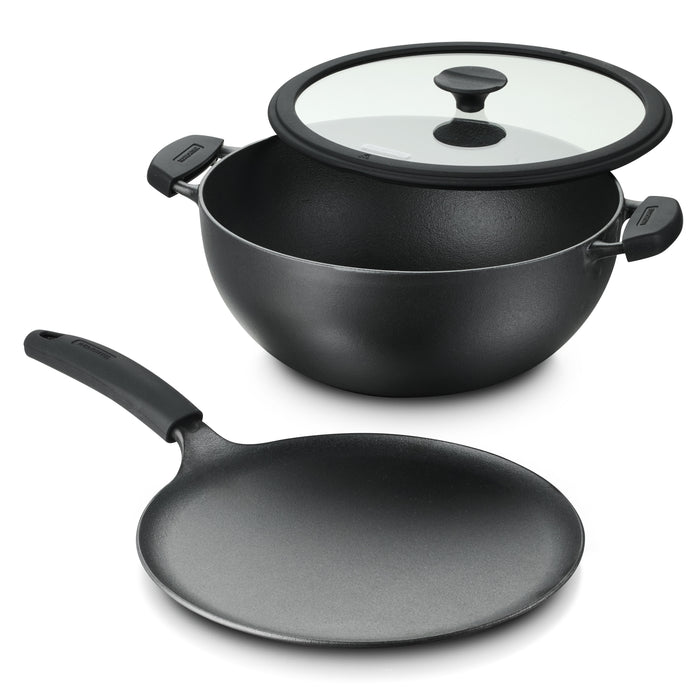 3 Piece Cast Iron 7 Quart Deep Kadai & Flat Tawa Cookware Set
