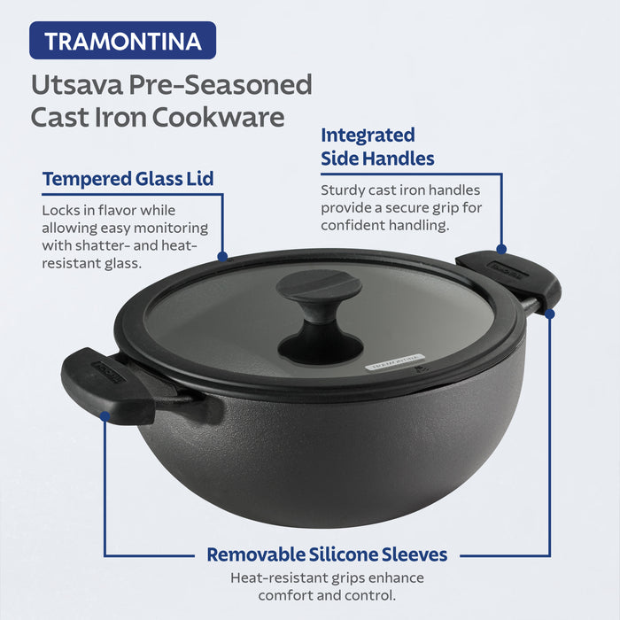 3 Piece Cast Iron 7 Quart Deep Kadai & Flat Tawa Cookware Set