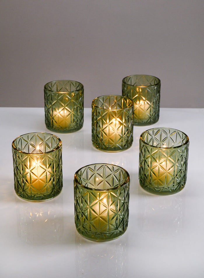 3.25in Tall Mexican Green Glass Tea Light Holder, Set of 6 Decor Jamali Garden