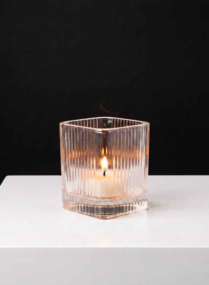 3.5in Tall Pleated Cube Tealight Glass Holder, Set of 6 Decor Jamali Garden