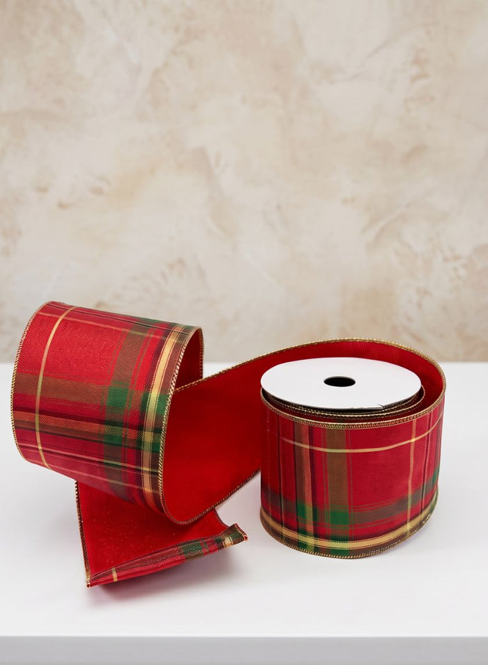 3.5in x 5 yards Double Face Plaid Wired and Red Velvet Ribbon Decor Jamali Garden