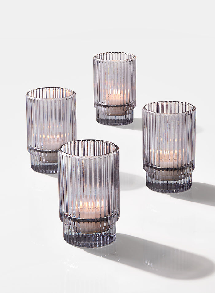 3.75in Tall Smoke Pleated Glass Votive Holder, Set of 4 Decor Jamali Garden