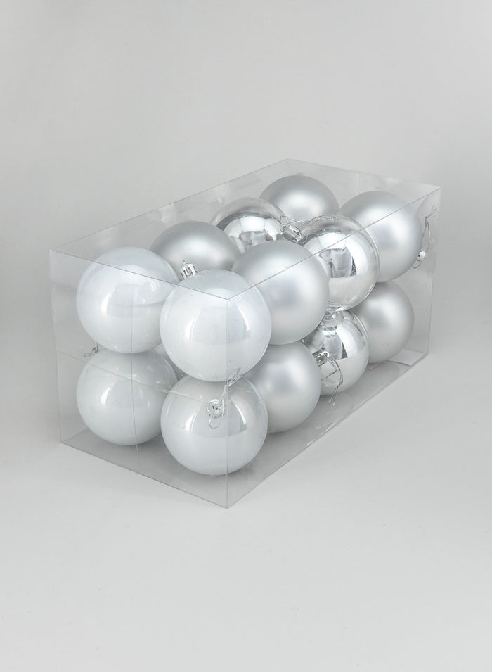 3in Round Pearl, Matte, Light, & Shiny Silver Ornament Plastic Ball, Set of 16 Decor Jamali Garden