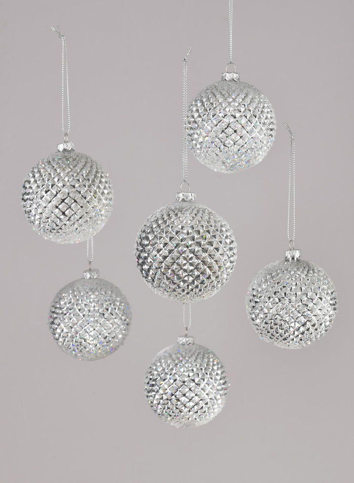 3in Round Silver Glitter Durian Ball Plastic Ornament, Set of 6 Decor Jamali Garden