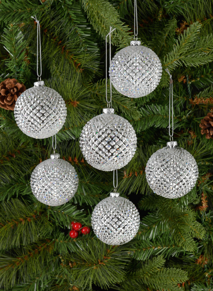 3in Round Silver Glitter Durian Ball Plastic Ornament, Set of 6 Decor Jamali Garden