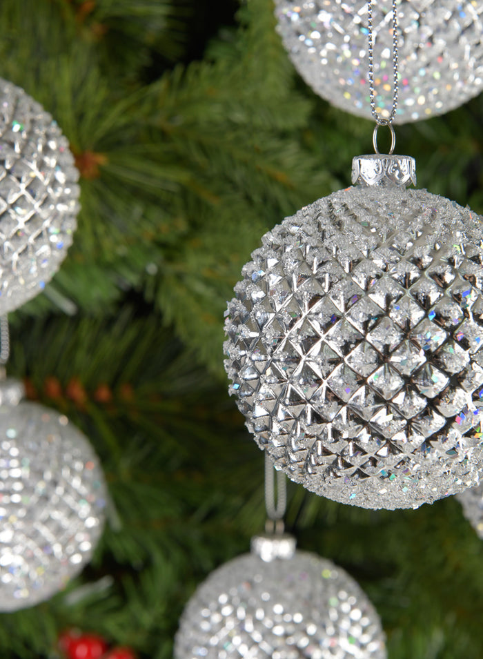 3in Round Silver Glitter Durian Ball Plastic Ornament, Set of 6 Decor Jamali Garden