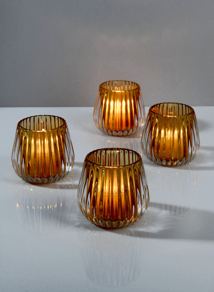 3in Tall Amber Onion Optic Glass Candleholder, Set of 4 Decor Jamali Garden