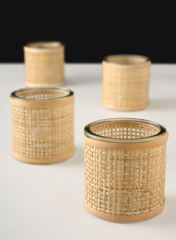 3in Tall Haiphong Cane Weaved Glass Cylinder, Set of 4 Decor Jamali Garden