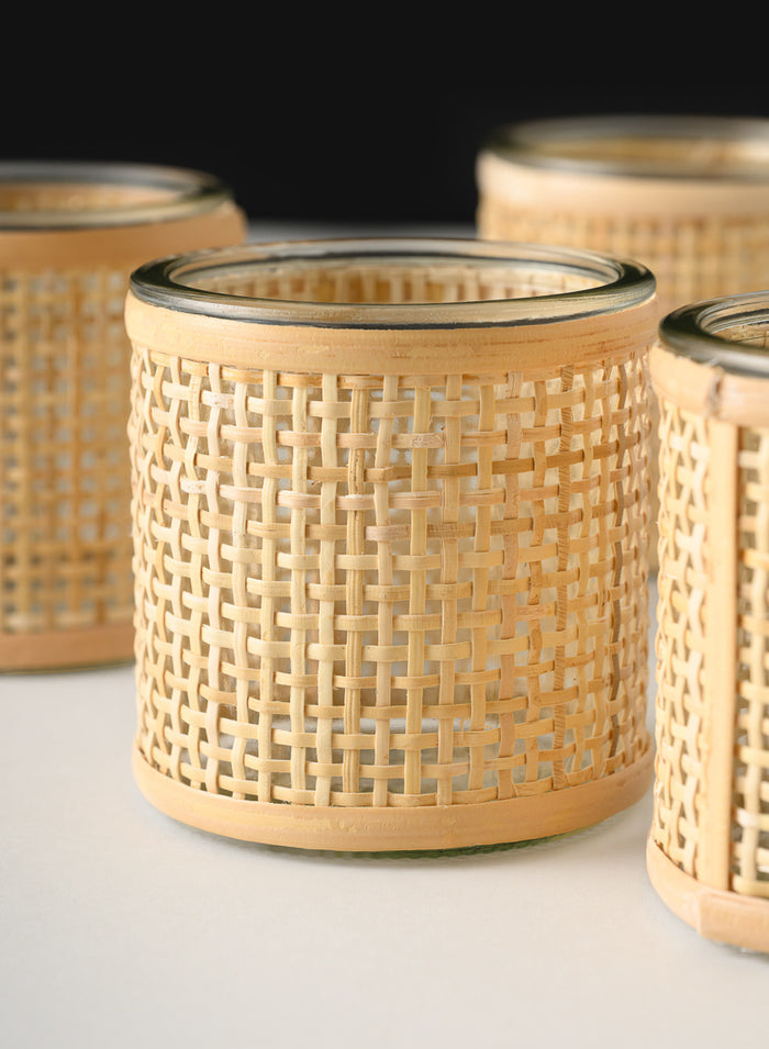 3in Tall Haiphong Cane Weaved Glass Cylinder, Set of 4 Decor Jamali Garden