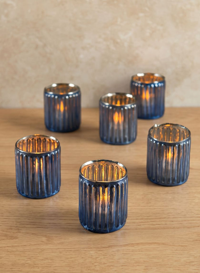 3in Tall La Fete en Antique Blue Glass Votive Holder, Set of 6 Decor Jamali Garden