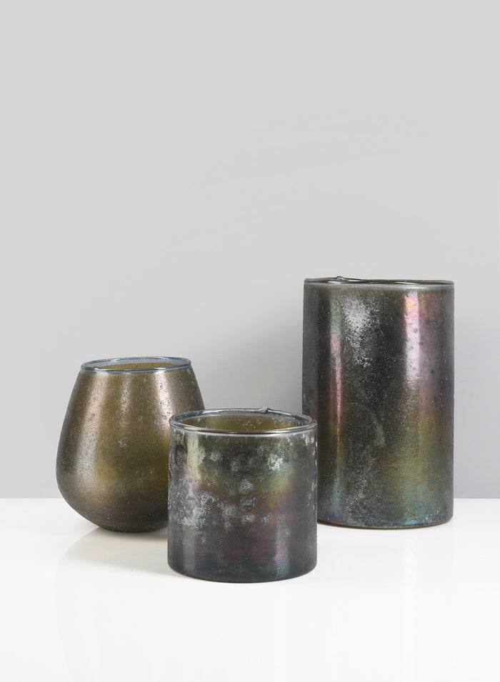 4 1/8in Tall Mesopotamia Bronze Glass Votive Holder Decor Jamali Garden