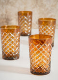 4.5in Tall Almira Amber Cut Glass Squares Votive Holder, Set of 4 Decor Jamali Garden