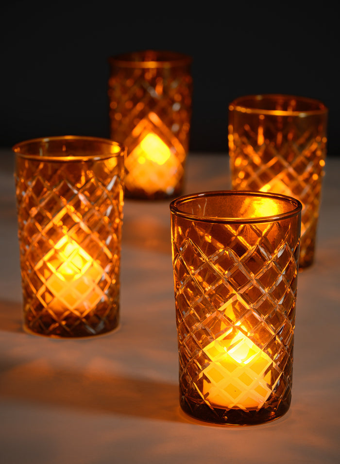 4.5in Tall Almira Amber Cut Glass Squares Votive Holder, Set of 4 Decor Jamali Garden