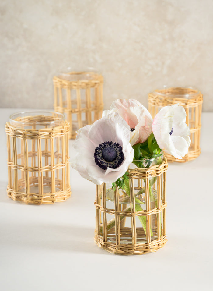 4.5in Tall Halong Cane Weaved Short Glass Cylinder, Set of 4 Decor Jamali Garden
