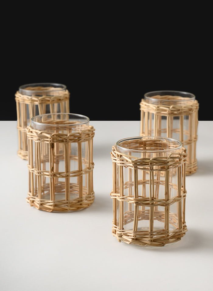 4.5in Tall Halong Cane Weaved Short Glass Cylinder, Set of 4 Decor Jamali Garden