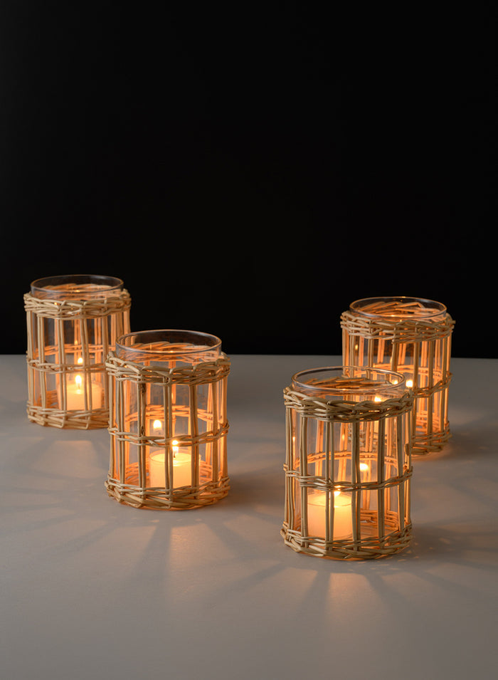 4.5in Tall Halong Cane Weaved Short Glass Cylinder, Set of 4 Decor Jamali Garden