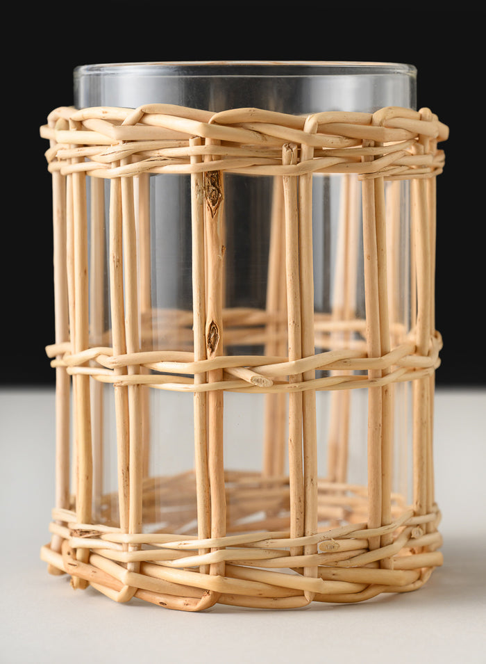 4.5in Tall Halong Cane Weaved Short Glass Cylinder, Set of 4 Decor Jamali Garden