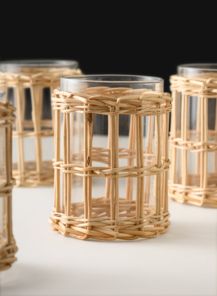 4.5in Tall Halong Cane Weaved Short Glass Cylinder, Set of 4 Decor Jamali Garden