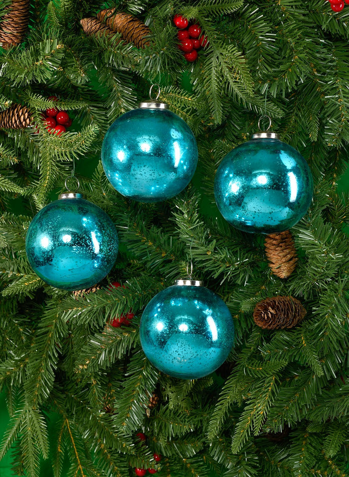 4in Round Antique Aqua Glass Ball Ornaments, Set of 4 Decor Jamali Garden
