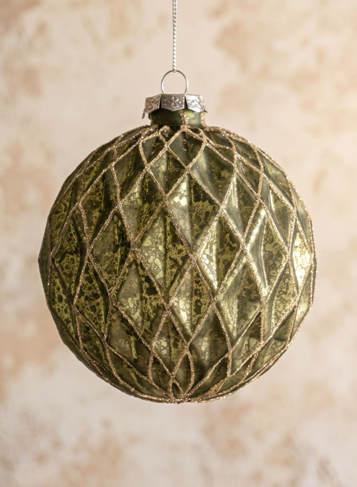 4in Round Gilded Antique Silver Forest Pine Green Glass Ornament, Set of 4 Decor Jamali Garden