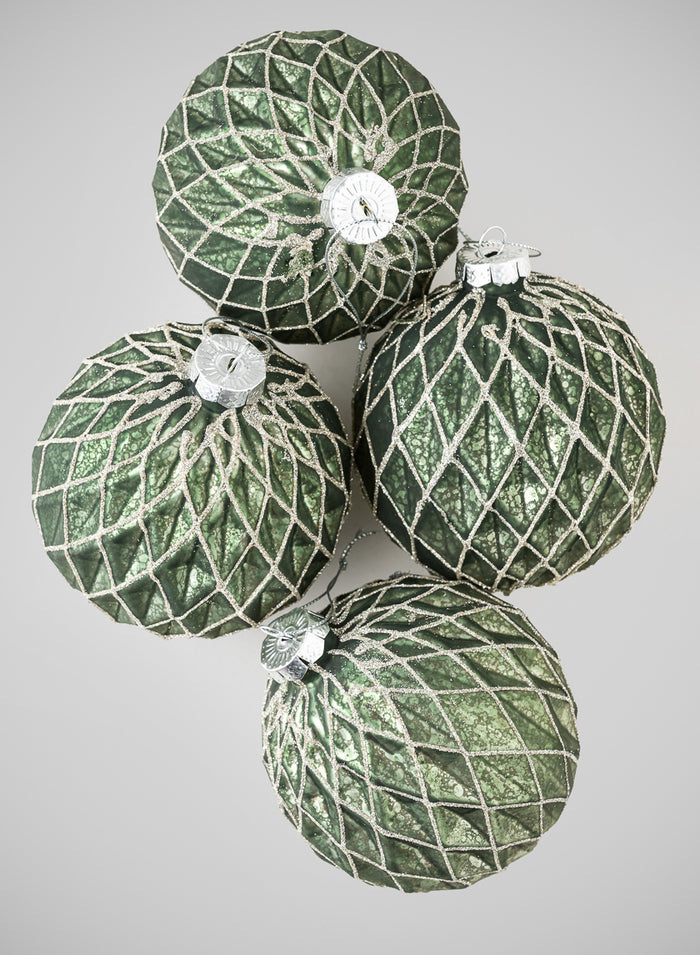 4in Round Gilded Antique Silver Forest Pine Green Glass Ornament, Set of 4 Decor Jamali Garden