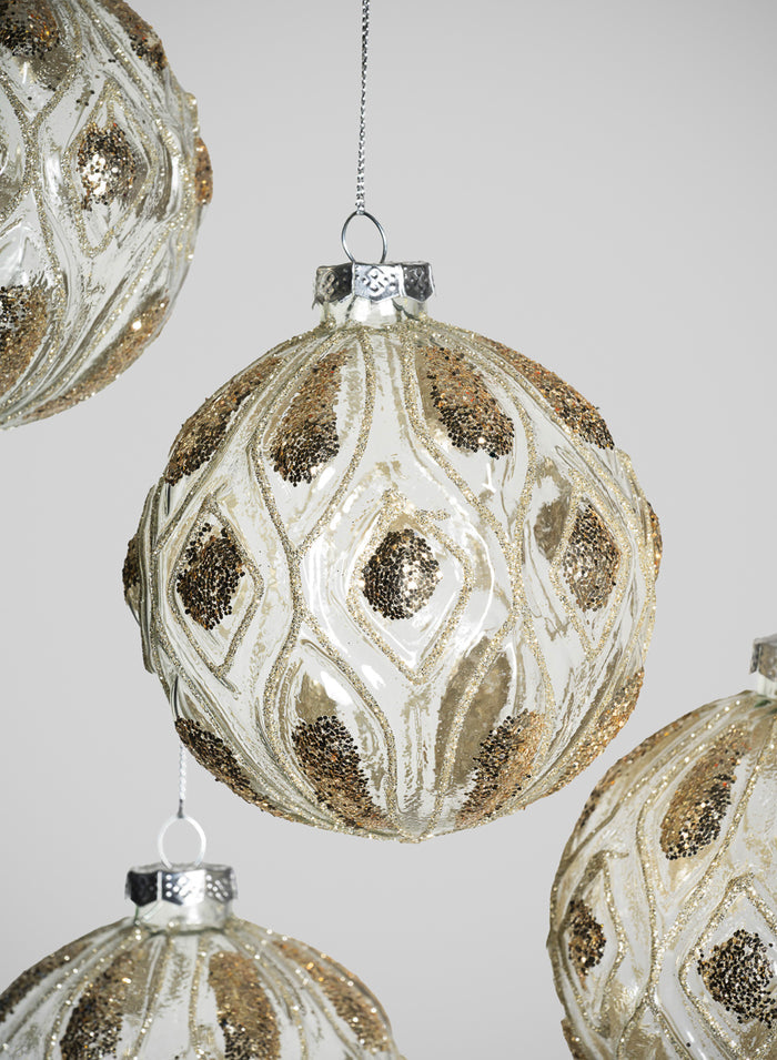 4in Round Royal Gold Glitter Glass Ornament, Set of 4 Decor Jamali Garden