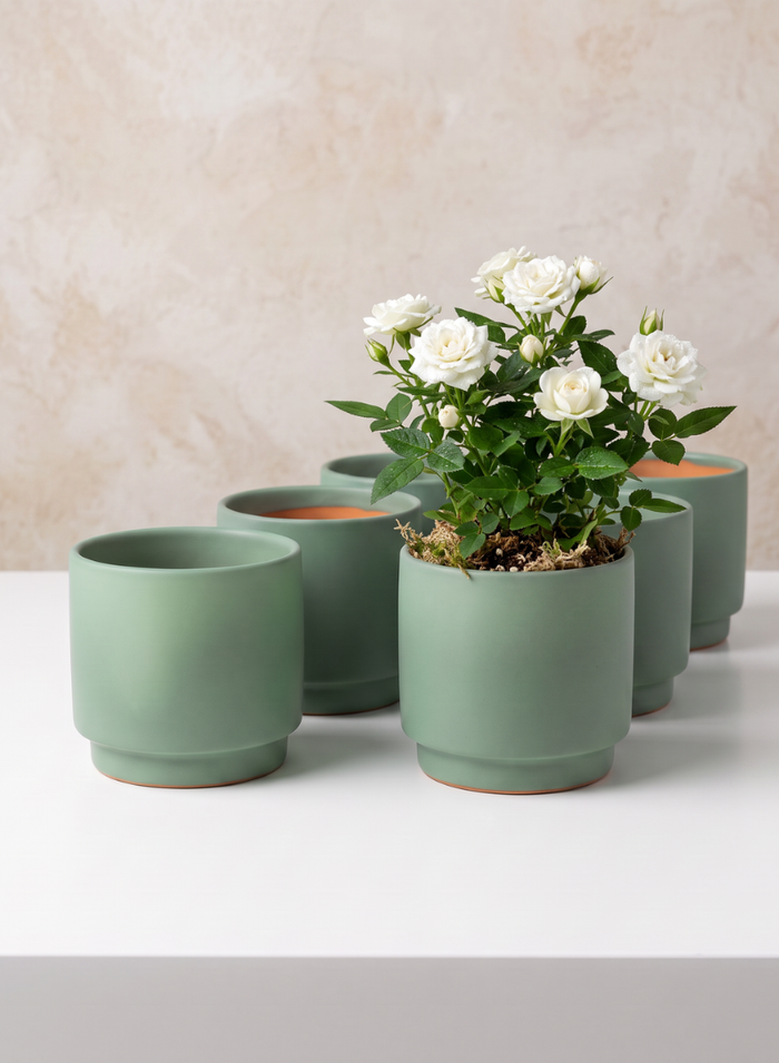 4in Tall Florist Choice Matte Teal Green Ceramic Cachepot, Set of 6 Decor Jamali Garden