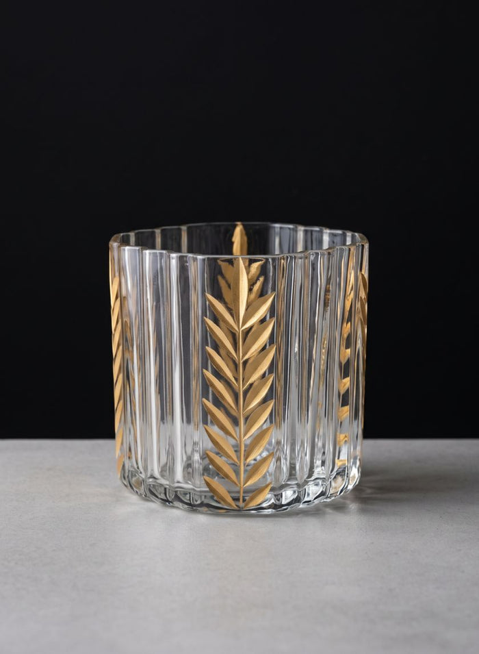 4in Tall Louvres Gold Leaf Etched Glass Candle Holder Decor Jamali Garden