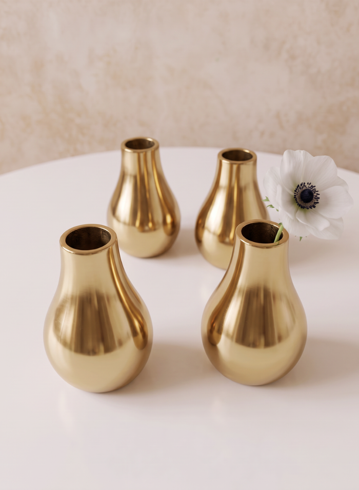 4in Tall Shiny Gold Bud Metal Vase, Set of 4 Decor Jamali Garden