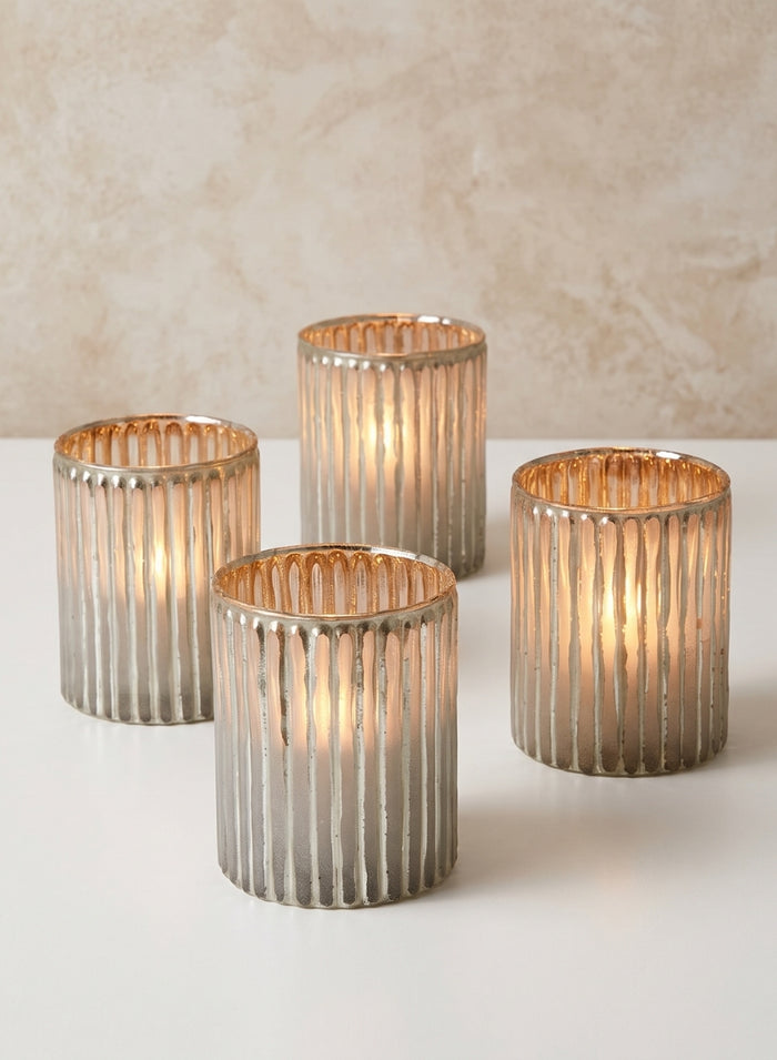 4in Tall Silver Corrugated Glass Votive Holder Decor Jamali Garden