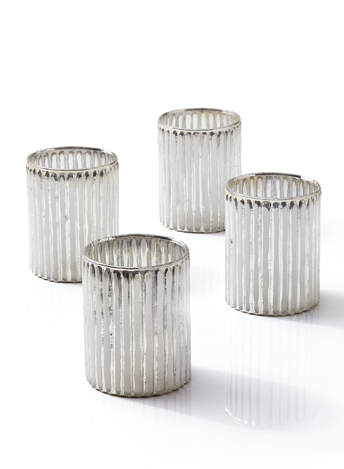 4in Tall Silver Corrugated Glass Votive Holder Decor Jamali Garden
