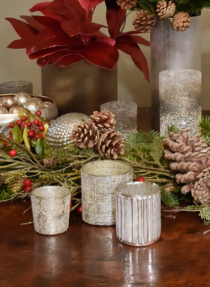 4in Tall Silver Corrugated Glass Votive Holder Decor Jamali Garden