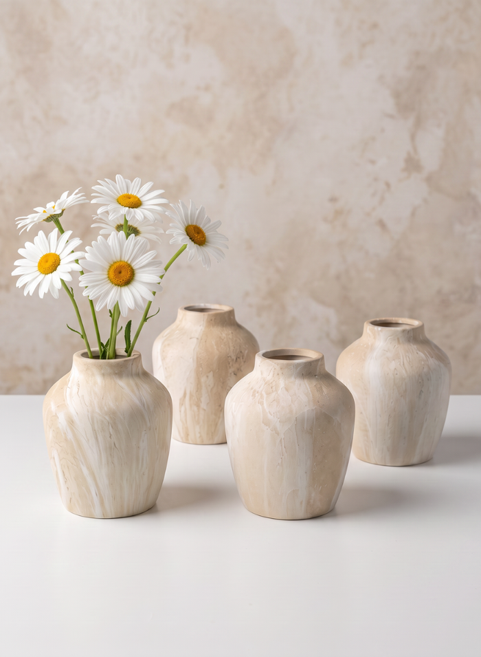 4in Tall Travertine Look Ceramic Mini Vase, Set of 4 Decor Jamali Garden