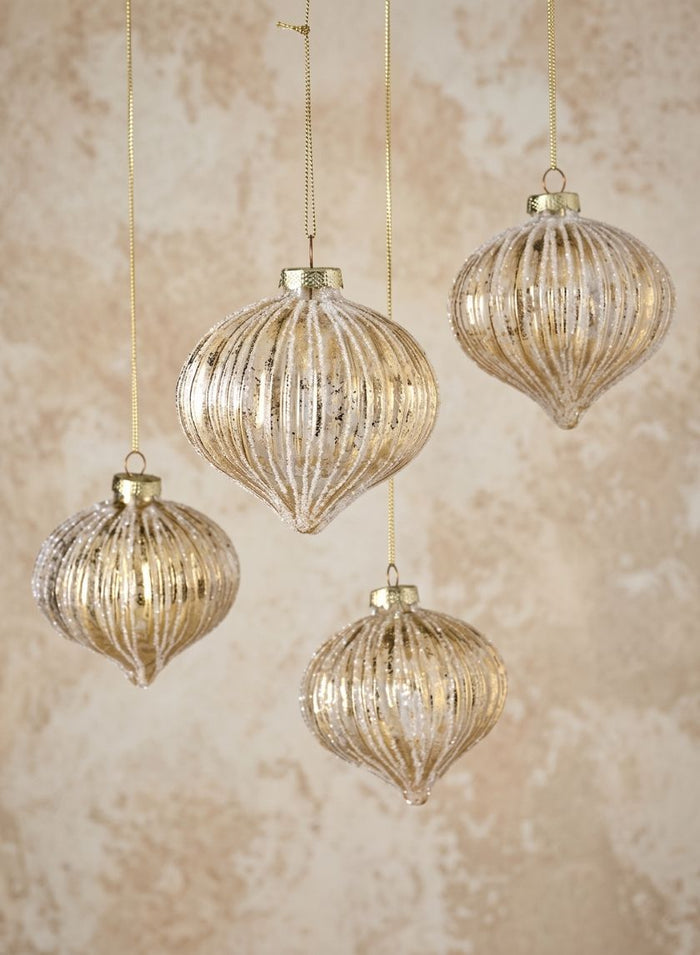 4in Wide Gold Foil & Glitter Stripe Glass Ornament Onion, Set of 4 Decor Jamali Garden