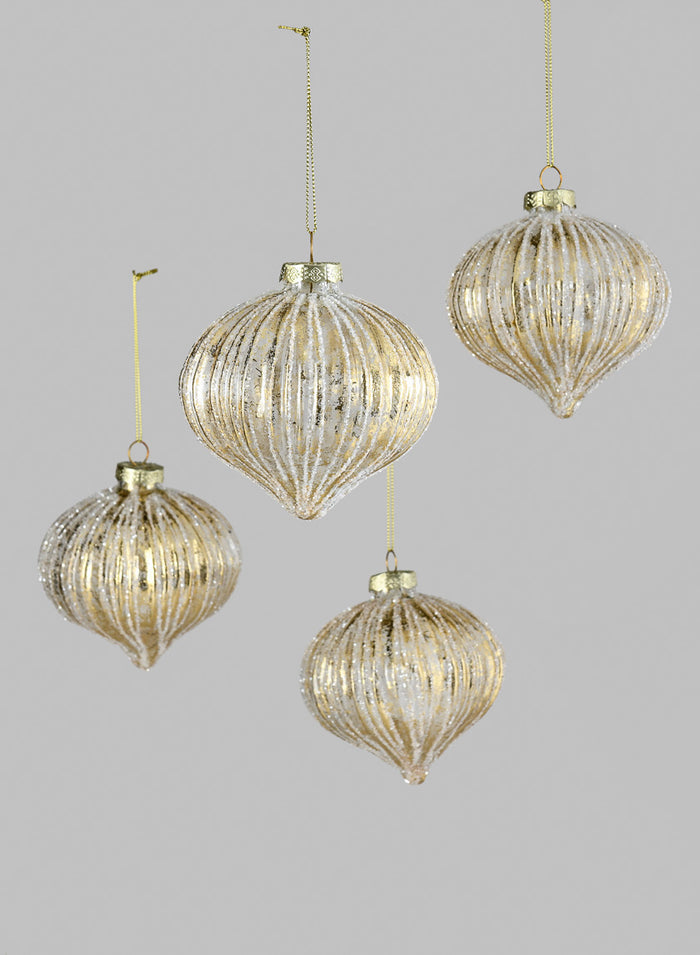 4in Wide Gold Foil & Glitter Stripe Glass Ornament Onion, Set of 4 Decor Jamali Garden