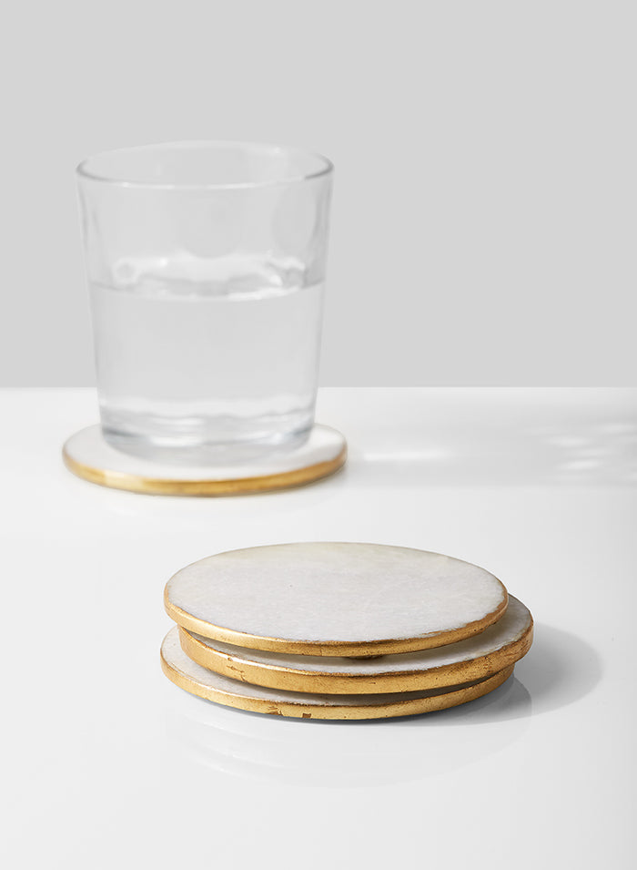 4in Wide Marble Coaster with Gold Edge, Set of 4 Decor Jamali Garden